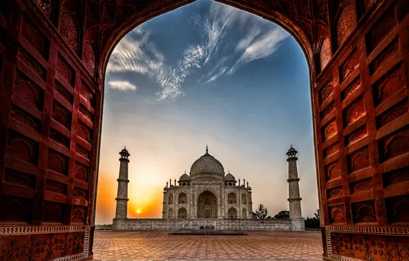 Картинка рассвет, Индия, Тадж-Махал, мечеть, мавзолей, Агра, Taj Mahal, Agra, India