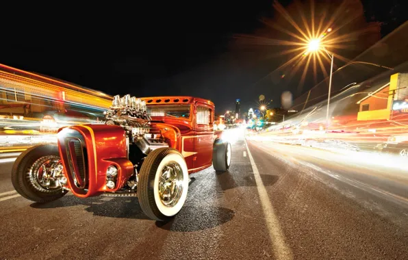 Картинка red, wheels, road, hot rod, tuning, night, retro, power, custom, america, freez light