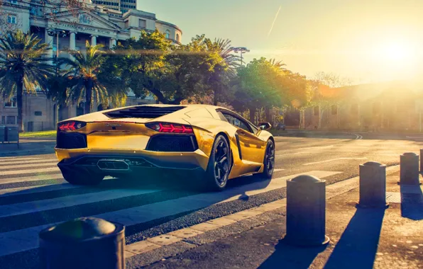 Картинка Lamborghini, Sun, Color, Sunset, LP700-4, Aventador, Back, Supercar, Gold