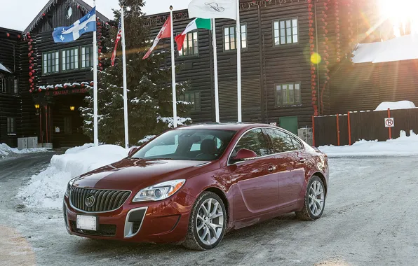 Картинка авто, снег, флаги, Отель, Buick-Regal-GS