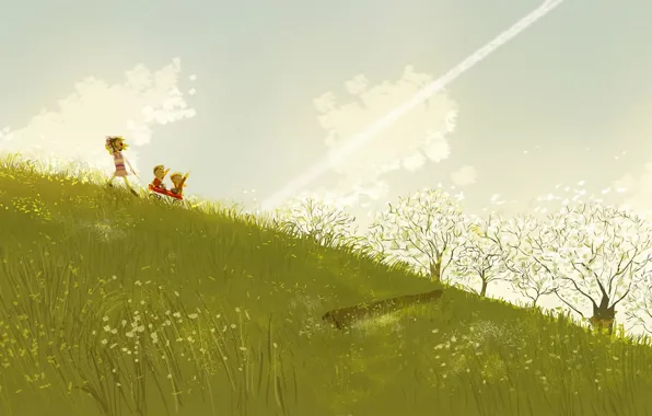 Картинка трава, облака, радость, дети, ветер, склон