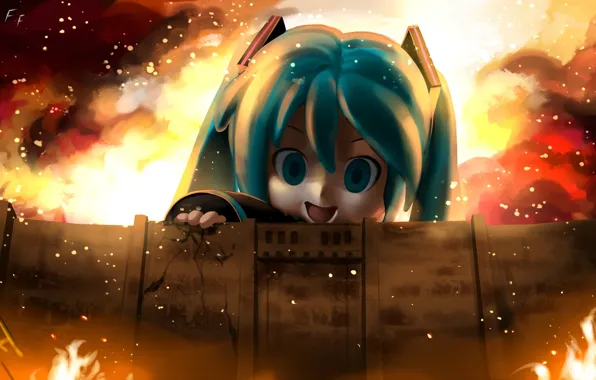Картинка fire, wall, Hatsune Miku, Attack on Titan, WIT STUDIO