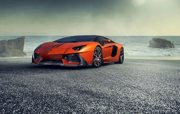 Картинка Lamborghini, Orange, Front, Vorsteiner, Sea, Supercar, Zaragoza, Aventador-V, LP740-4