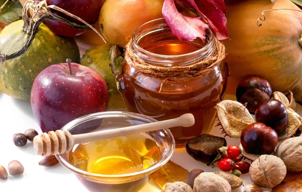 Картинка осень, яблоко, еда, мед, фрукты, орехи, овощи, груши, баночка, каштаны