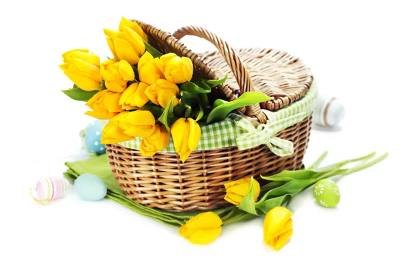 Картинка праздник, яйца, букет, тюльпаны, tulips, Easter, eggs, holiday, bouquet, корзины, basket, tulip, пасхальные