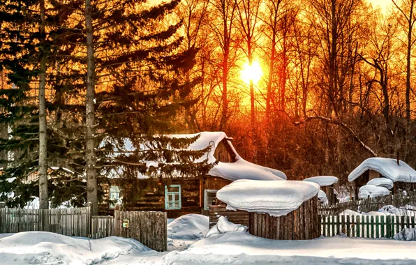 Картинка зима, небо, облака, снег, пейзаж, природа, дом, восход