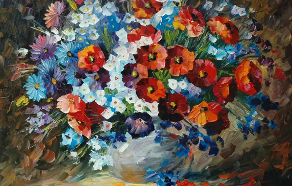 Картинка цветы, букет, лепестки, картины, ваза, живопись, Leonid Afremov