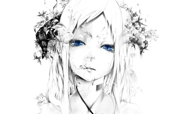 Картинка вода, девушка, пузырьки, лицо, рисунок, штрих-код, арт, белый фон, голубые глаза, монохромное, bouno satoshi