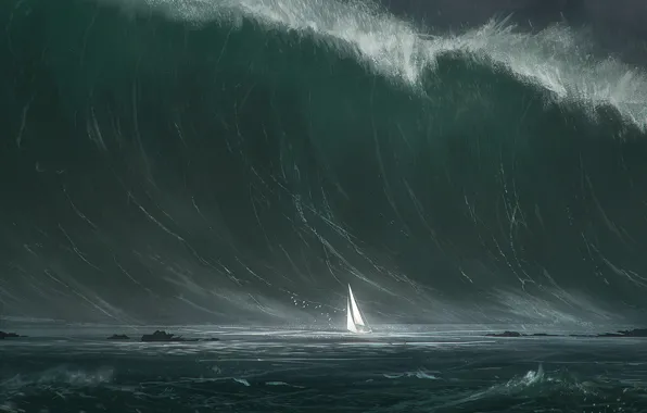 Картинка море, шторм, волна, корабль, парус