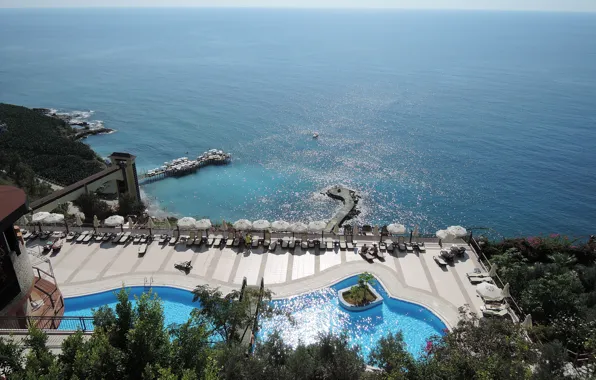 Картинка море, солнце, природа, спокойствие, высота, пирс, отель, Турция