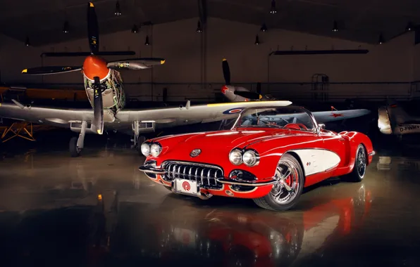 Картинка красный, тюнинг, Corvette, Chevrolet, ангар, полумрак, шевроле, диски, классика, tuning, передок, самолёты, кастом, корвет, 1959, …