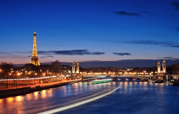 Картинка город, огни, река, Париж, вечер, франция