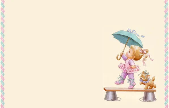 Картинка зонтик, арт, девочка, котёнок, детская