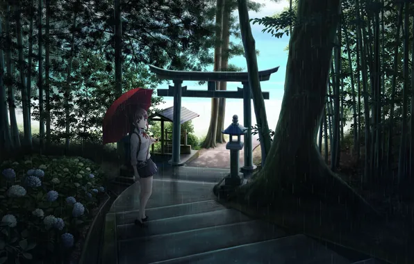 Картинка девушка, деревья, цветы, природа, дождь, зонт, аниме, арт, фотоаппарат, лестница, школьница, ume32ki