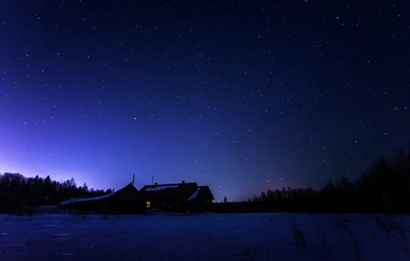 Картинка зима, космос, звезды, ночь, пространство, домик