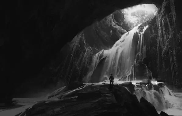Картинка Водопад, Пещера, Дрейк, Натан, Uncharted 4: A Thief’s End, Uncharted 4: Путь вора