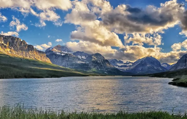 Картинка облака, горы, озеро, Монтана, Glacier National Park, Montana, Lake Sherburne