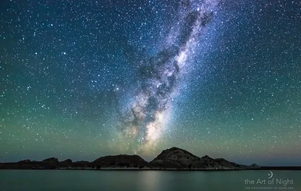 Картинка море, небо, звезды, пейзаж, горы, Млечный путь, photographer, Mark Gee