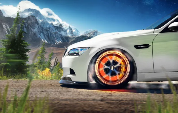 Картинка белый, горы, бмв, BMW, white, front, суппорт, 3 Series, тормозной диск