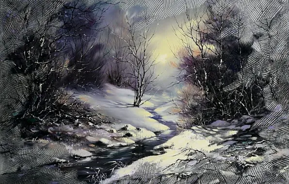 Картинка зима, лес, пейзаж, ночь, река, ручей, луна, рождество, картина, живопись, Ходюков, мастихин
