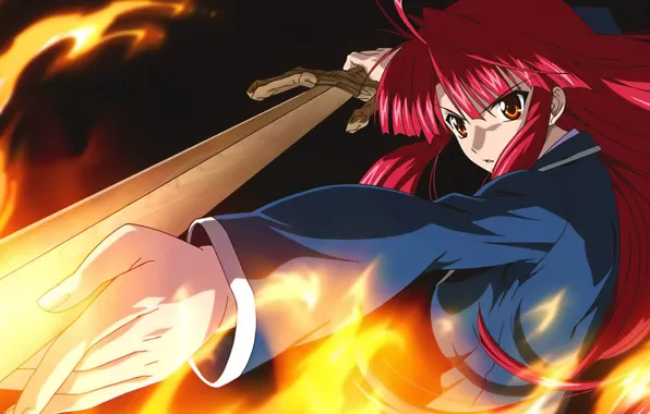 Картинка девушка, огонь, меч, Kaze No Stigma, Ayano Kannagi, красные волоссы, Печать ветра