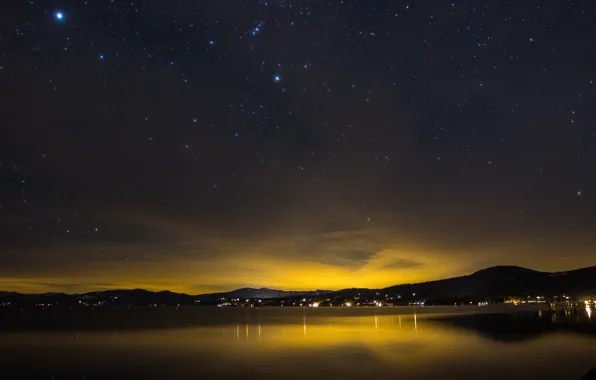 Картинка небо, звезды, озеро, зарево, California, Lake Tahoe, Kings Beach