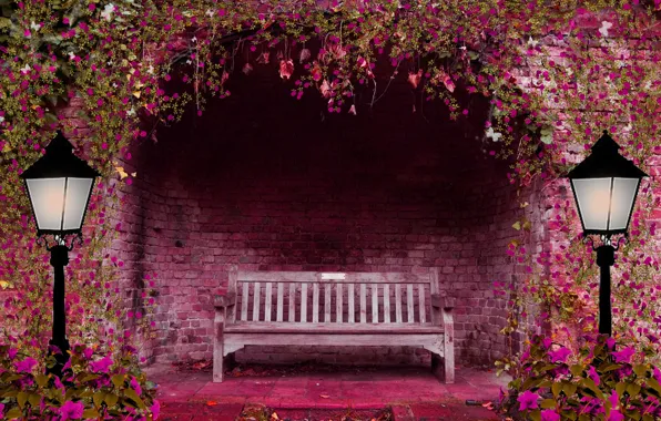 Картинка цветы, скамейка, розовый, фонари, арка, весенний сад