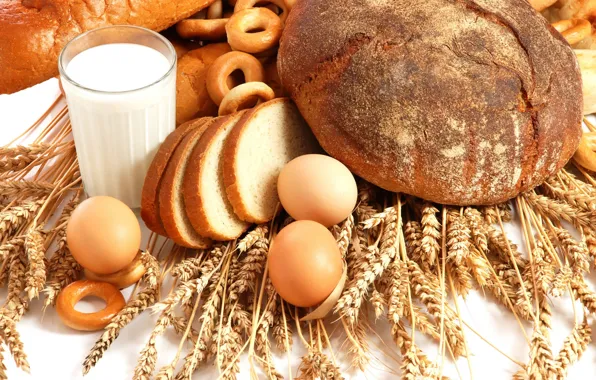 Картинка еда, яйца, молоко, хлеб, колосья, сушки, куриные, wallpaper., самая, пшеничные, хлеб всему голова, парное, человечества, …