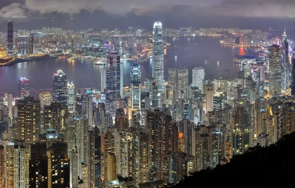 Картинка ночь, здания, Гонконг, небоскребы