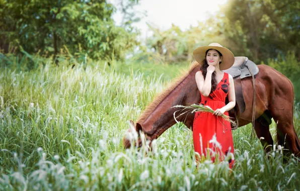 Картинка девушка, природа, конь, лошадь, шляпа, платье