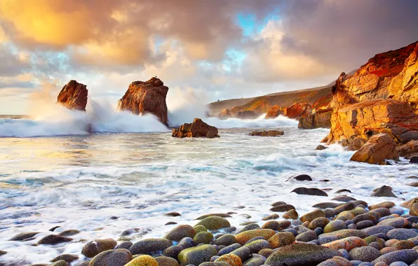 Картинка волны, облака, камни, океан, скалы, Калифорния, США