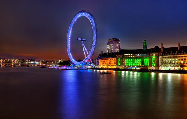 Картинка огни, река, Англия, Лондон, здания, вечер, подсветка, Великобритания, Темза, архитектура, river, столица, London, England, London …