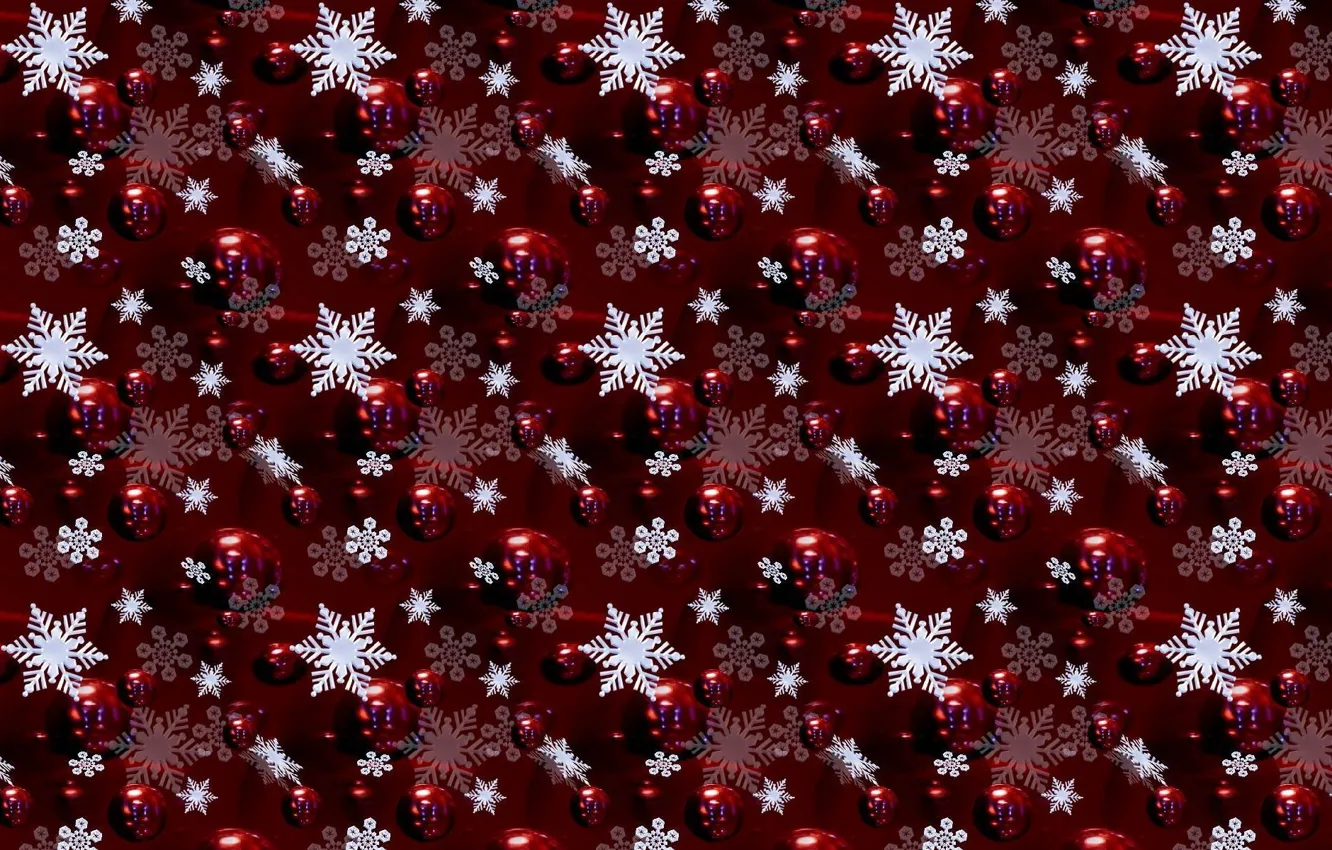 Фото обои шарики, снежинки, красный, фон, праздник, рисунок, цвет, новый год, украшение, текстуры