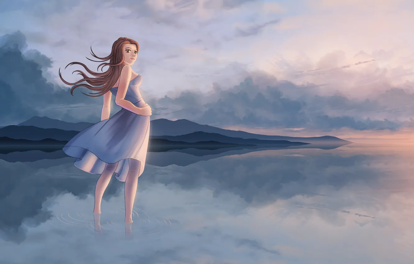 Фото обои девушка, облака, отражение, река, ветер, арт, локоны
