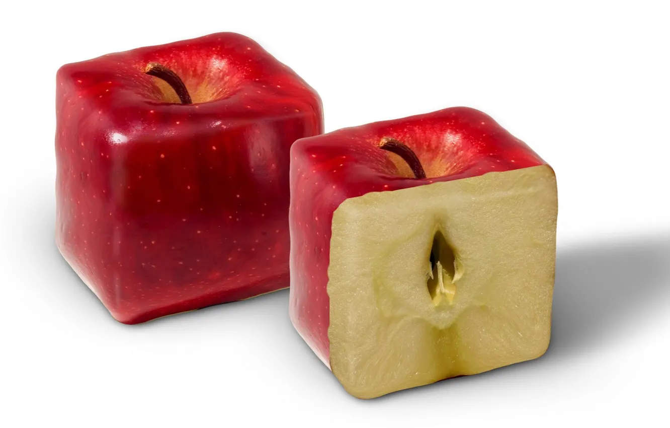 Фото обои красный, квадратный, яблоки, плодоножка, сердцевина, резаный