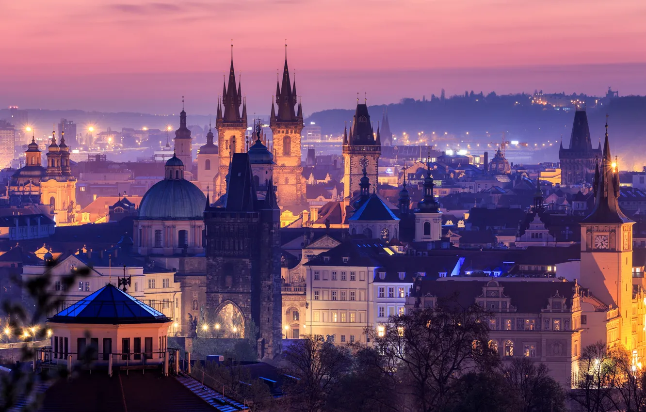 Фото обои закат, город, огни, дома, вечер, Прага, Чехия