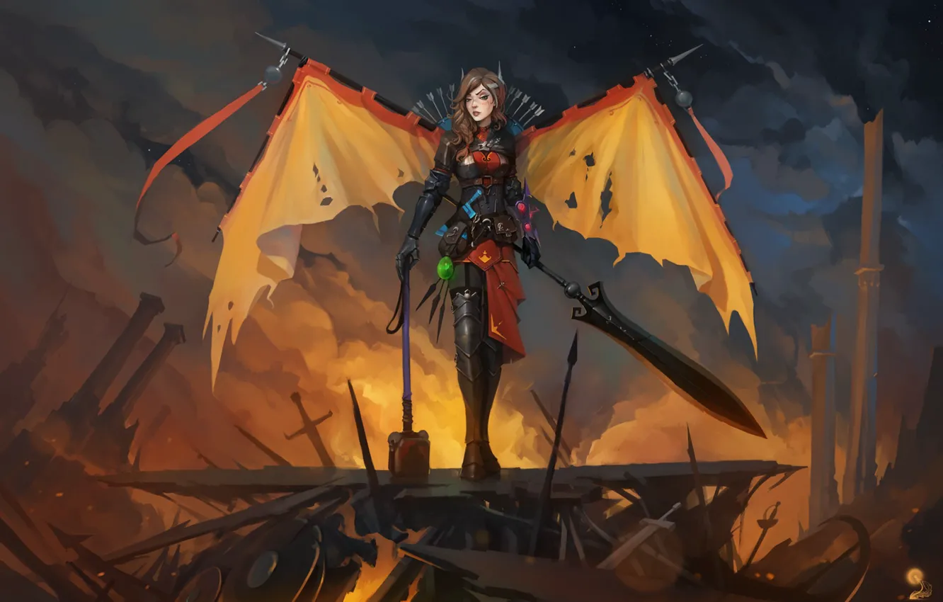 Фото обои девушка, крылья, меч, молот, fan art, dota 2, Legion Commander, tresdin