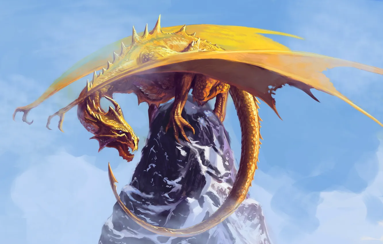 Фото обои небо, морда, скала, фантастика, дракон, крылья, желтые, арт, пасть