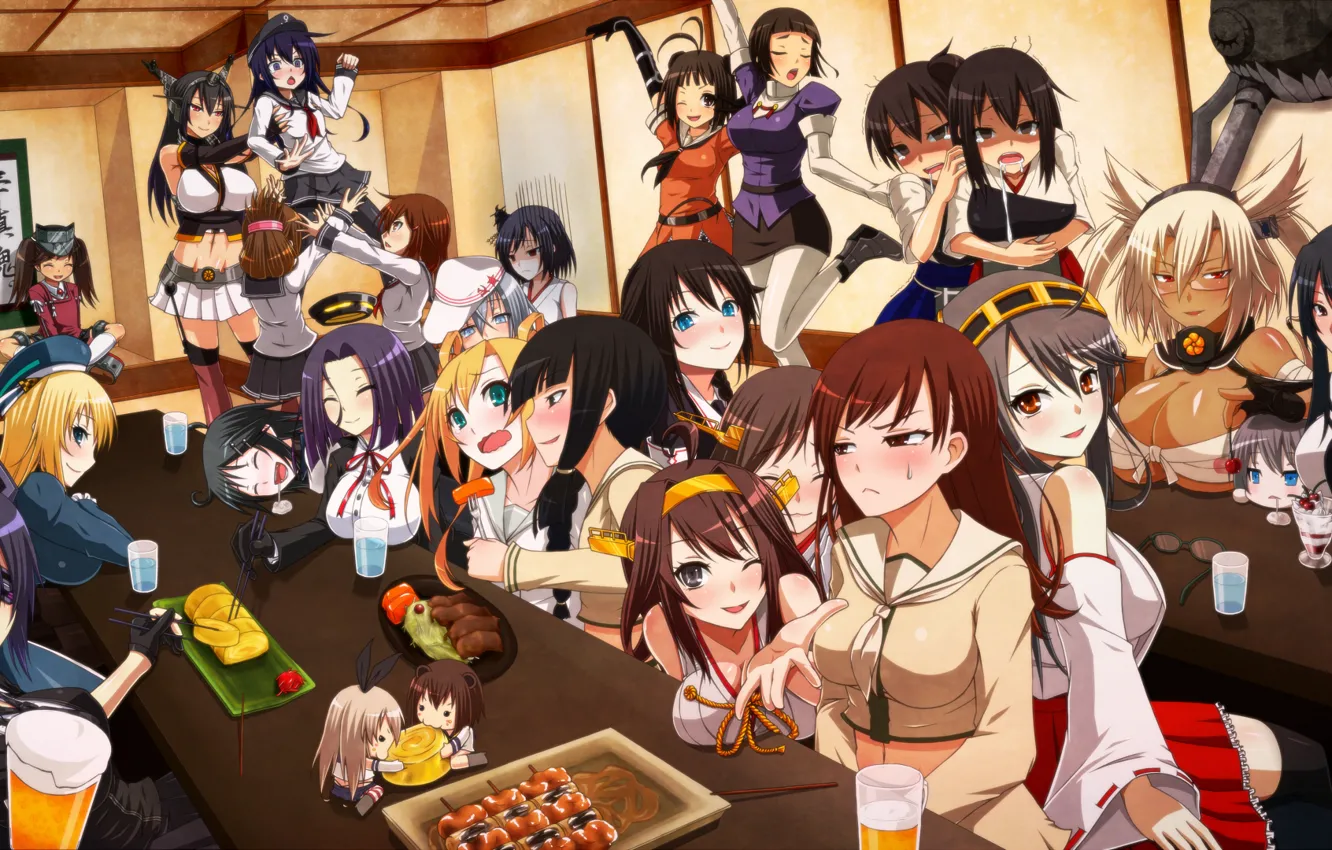 Фото обои kantai collection, inazuma destroyer, ikazuchi destroyer, hibiki destroyer, akatsuki destroyer, wo-class aircraft carrier, nagato battleship, …