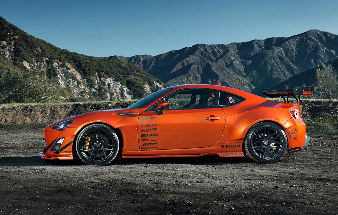 Фото обои Orange, Toyota, Mountain, Style, Tuning, Wheels, Rims, Widebody, FR-S, Scion, Spoilers