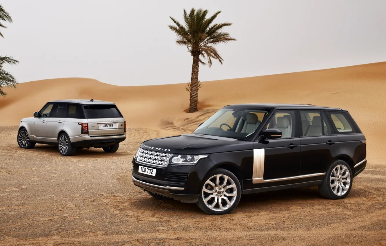 Фото обои песок, небо, пальмы, чёрный, пустыня, серебристый, джип, внедорожник, Land Rover, Range Rover, вид сзади, передок, …