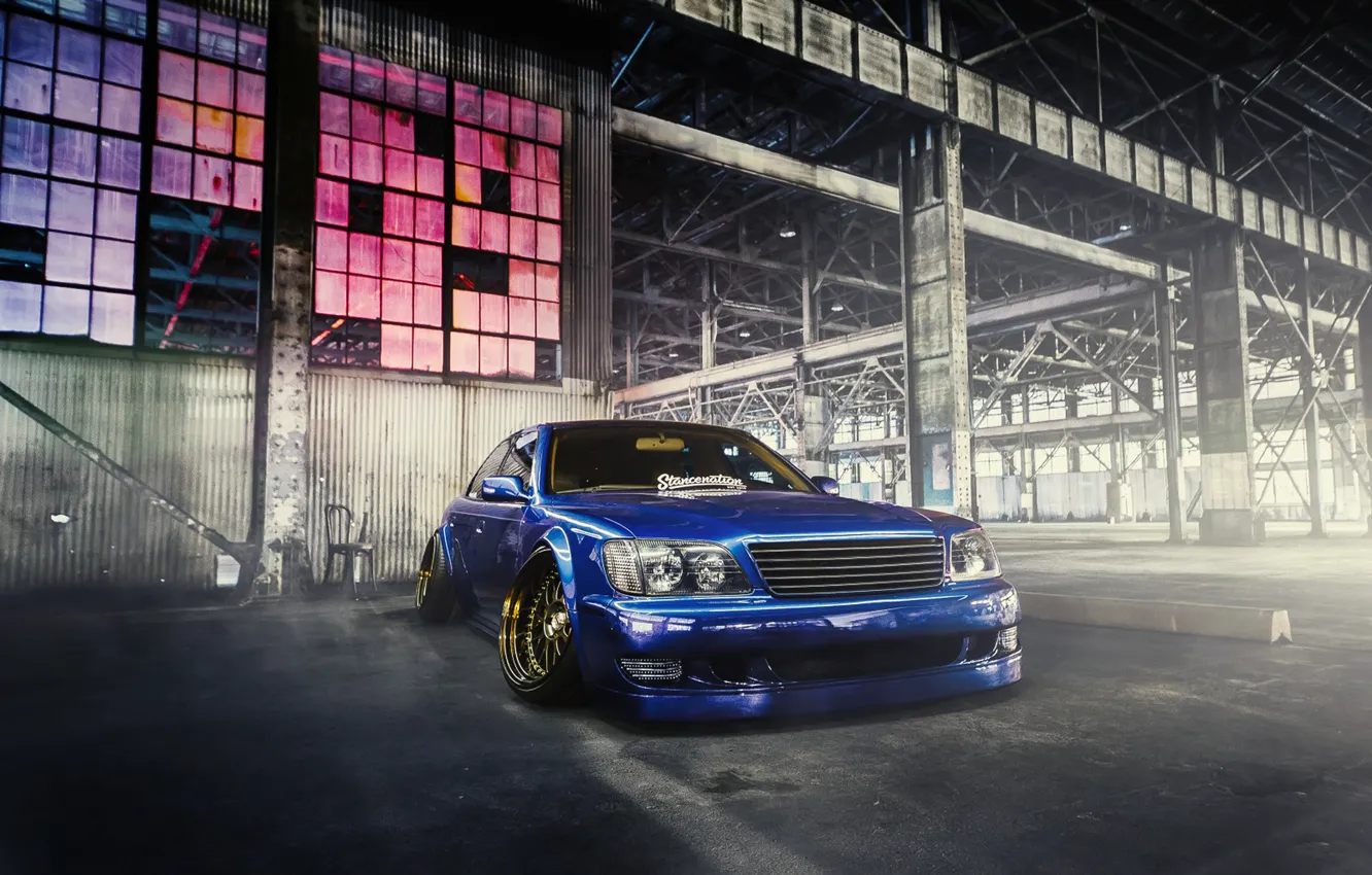 Фото обои Lexus, Car, Blue, Front, Smoke, Elvis, Stancenation, LS400