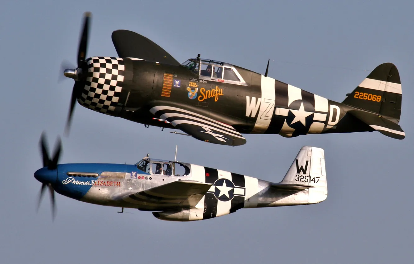 Фото обои ретро, самолет, mustang, парад, thunderbolt, p-51, p-47. 