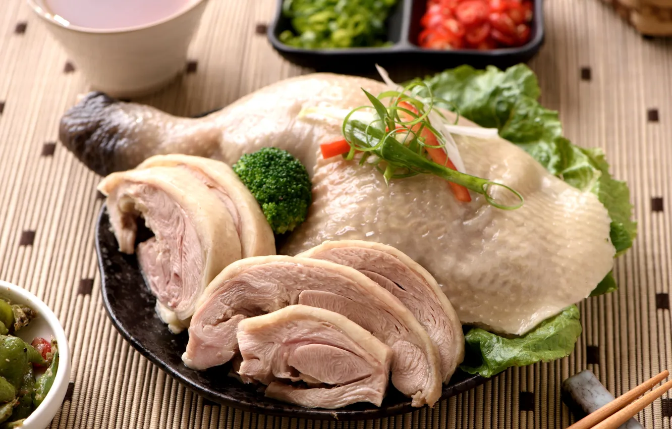 Обои зелень, курица, мясо, азиатская кухня картинки на рабочий стол .