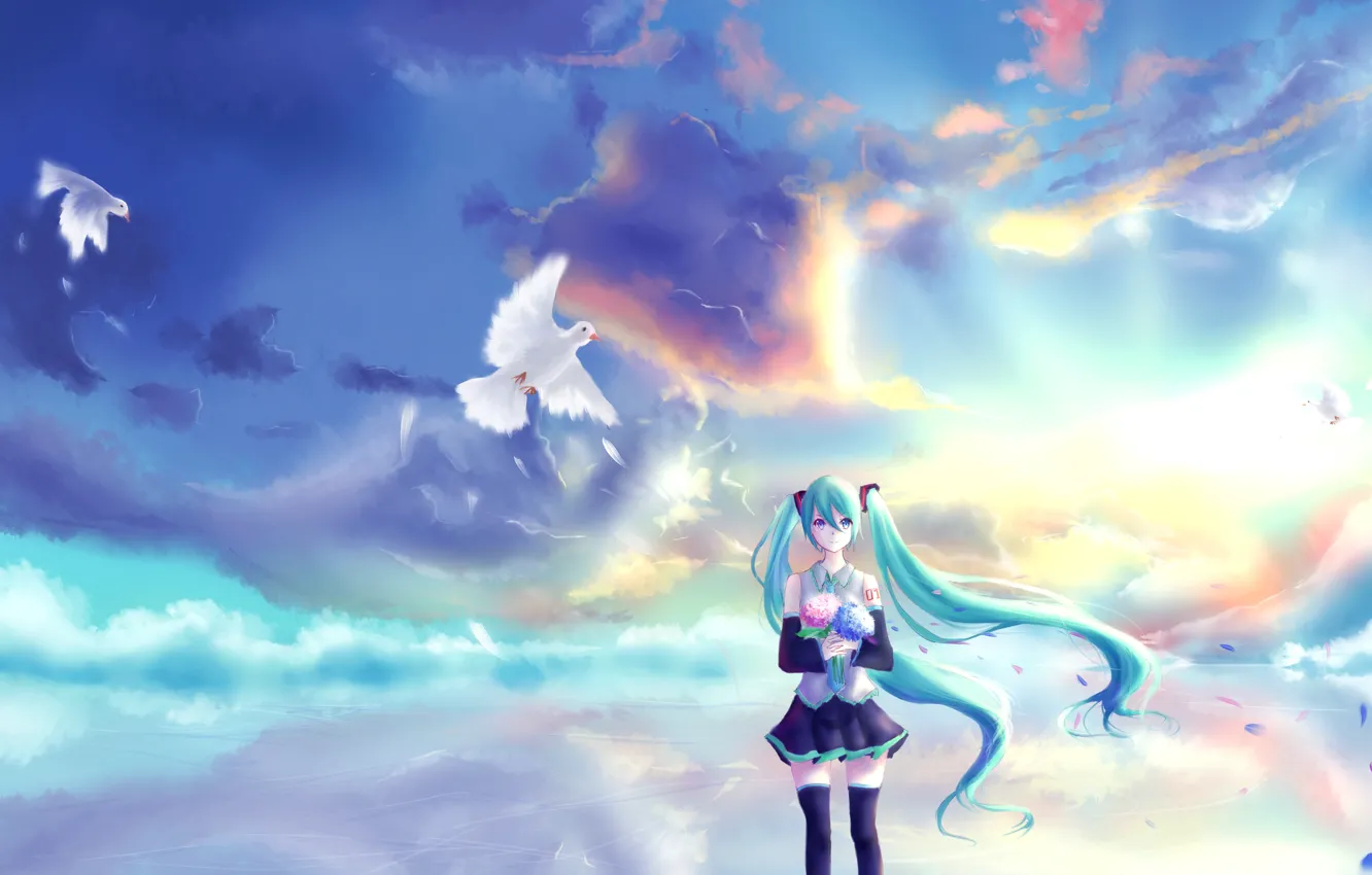 Фото обои небо, девушка, облака, закат, цветы, букет, аниме, лепестки, арт, голуби, vocaloid, hatsune miku