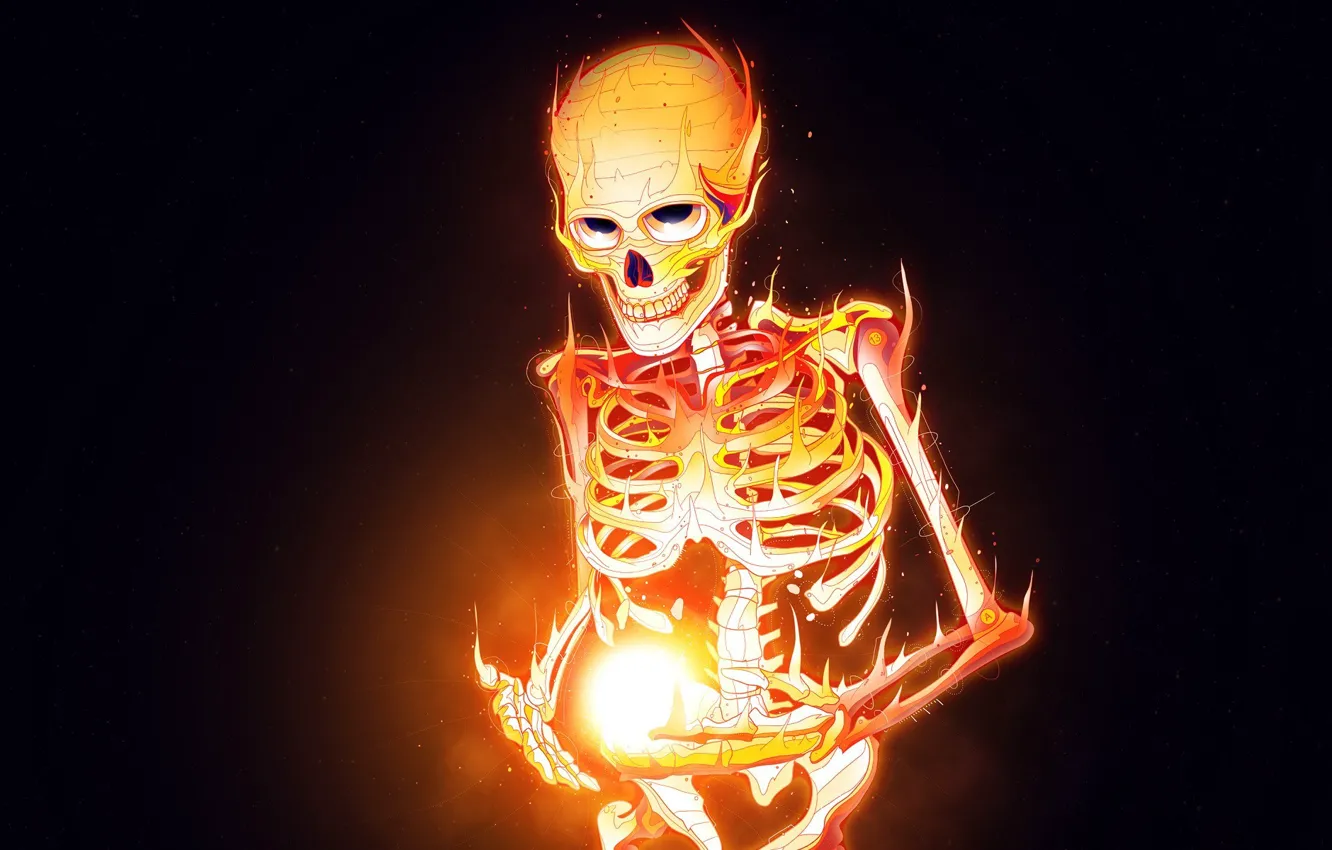 Фото обои огонь, пламя, череп, минимализм, скелет