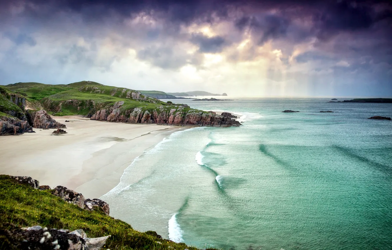 Фото обои песок, море, пляж, облака, пейзаж, природа, берег, побережье, Шотландия, утес, Scotland, Great Britain, Alba
