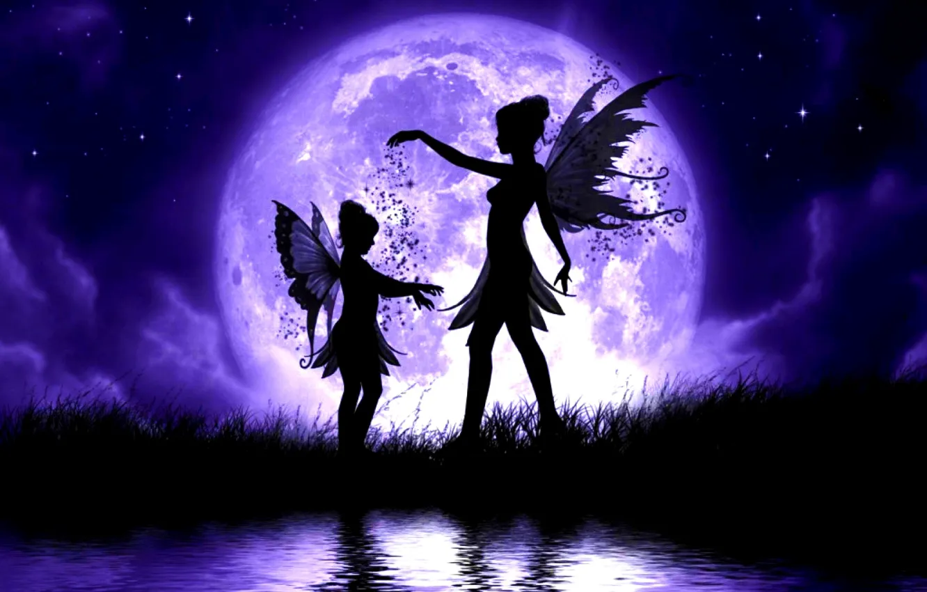 Фото обои небо, трава, вода, девушка, звезды, облака, ночь, озеро, луна, ребенок, крылья, феи