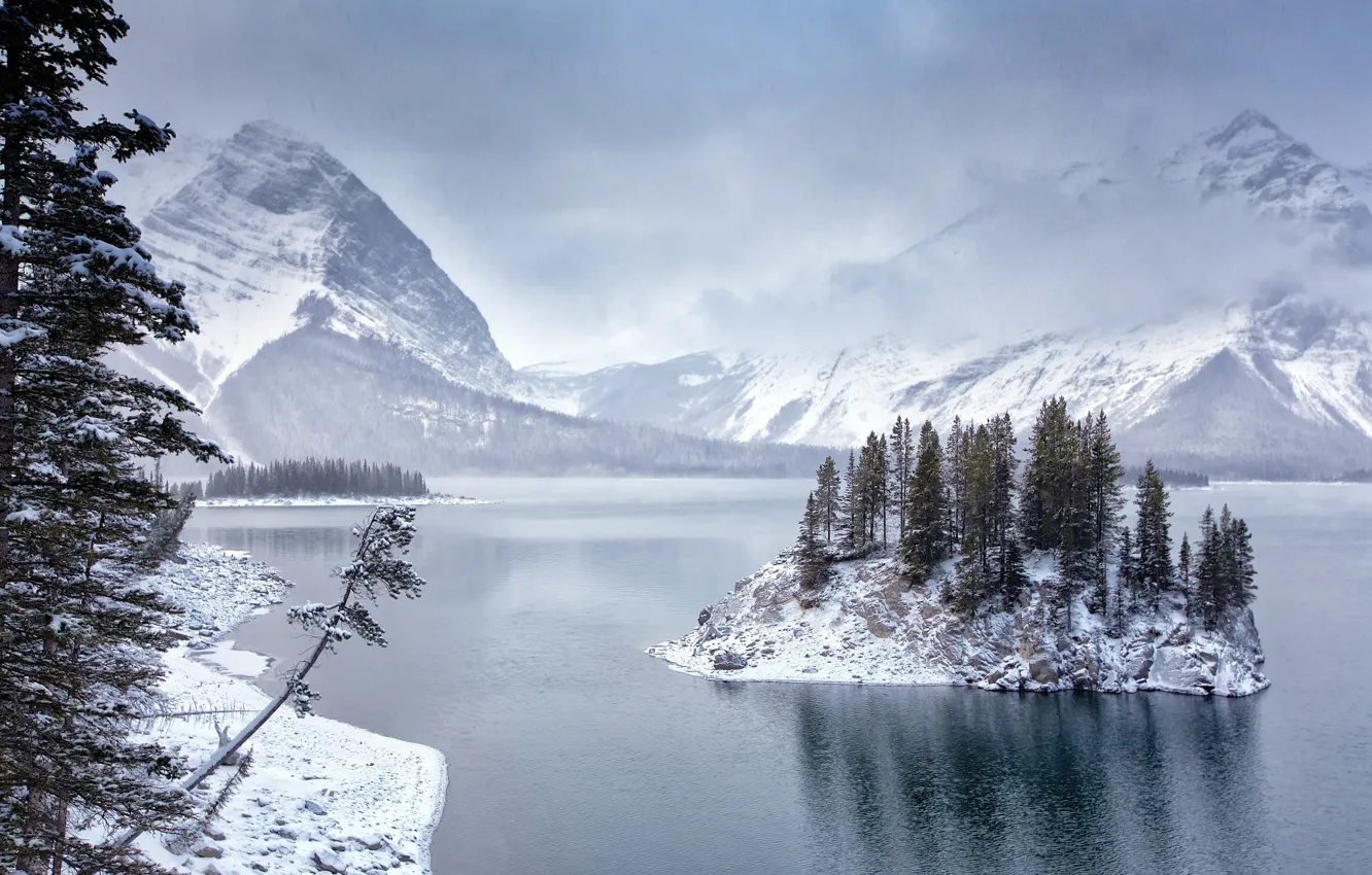 Фото обои зима, снег, пейзаж, горы, природа, озеро, остров, Канада, Альберта, озеро Кананаскис