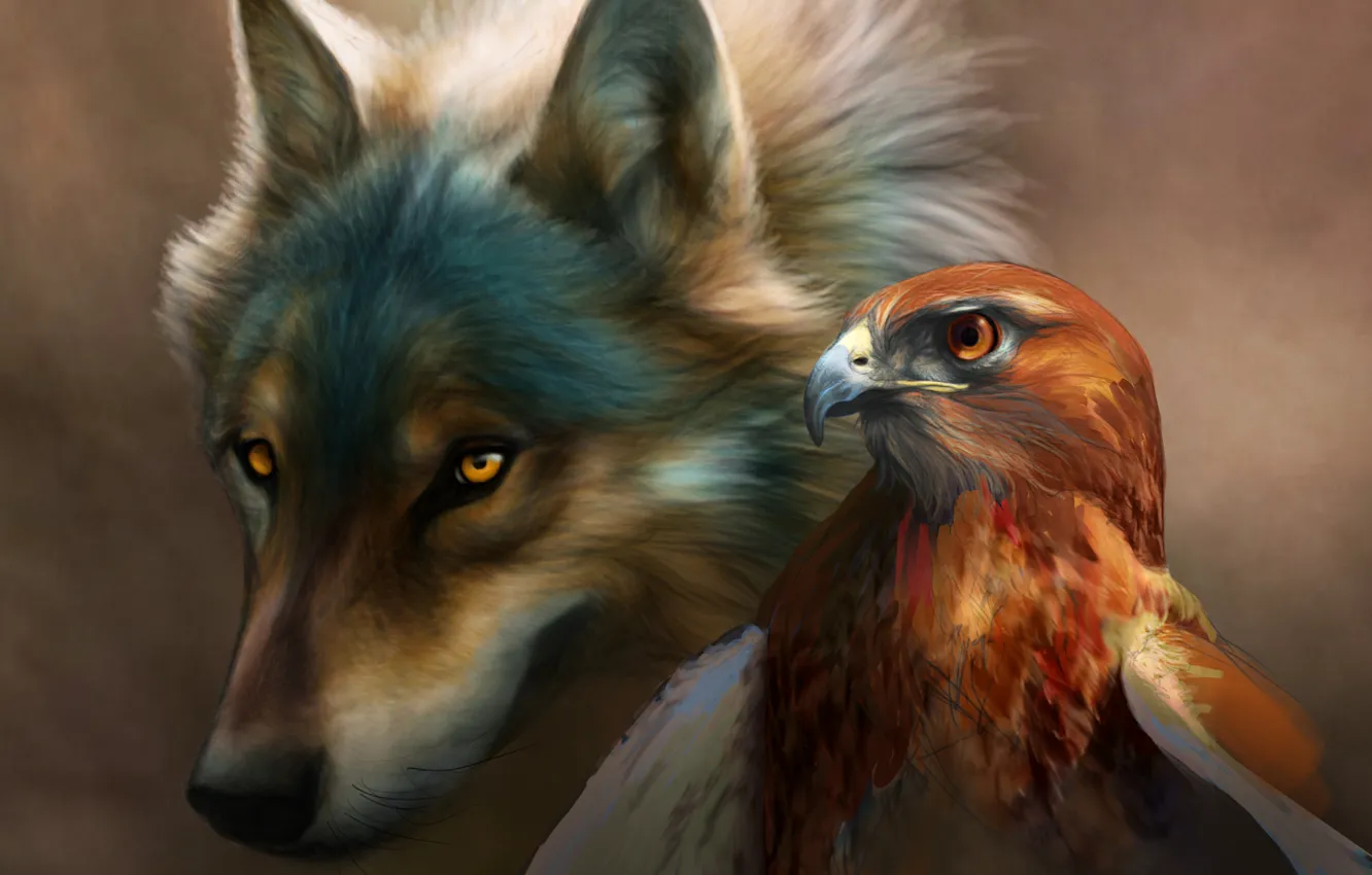 Фото обои птица, орел, Волк, живопись, art, novawuff